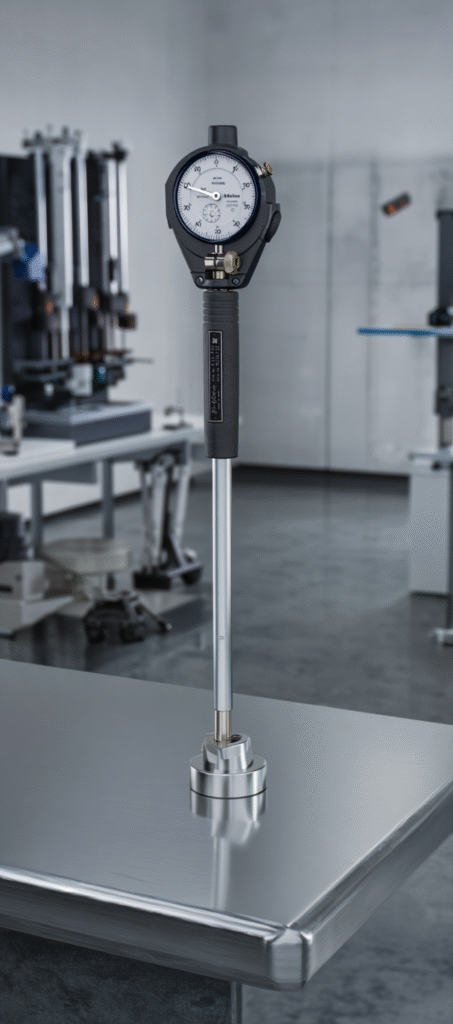 Step-by-step infographic showing proper procedure for using a bore gauge to measure internal diameters accurately.