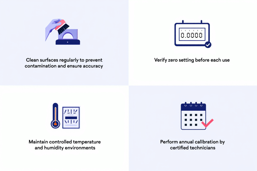 Infographic with best practices for maintaining and calibrating a Gauge Block Comparator to ensure measurement accuracy.