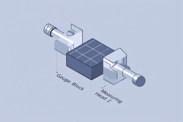 Detailed view of the precision measuring head (sensor/probe) of a Gauge Block Comparator instrument.