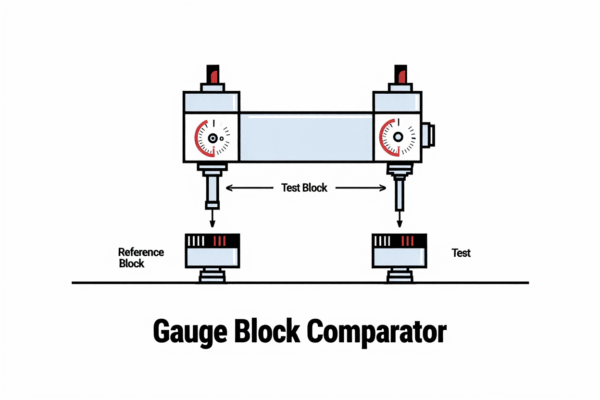 Diagram illustrating how a Gauge Block Comparator measures test blocks against reference standards.
