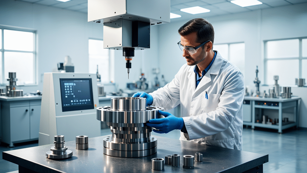 A high-precision Coordinate Measuring Machine (CMM) taking measurements of an industrial component in a quality control lab.