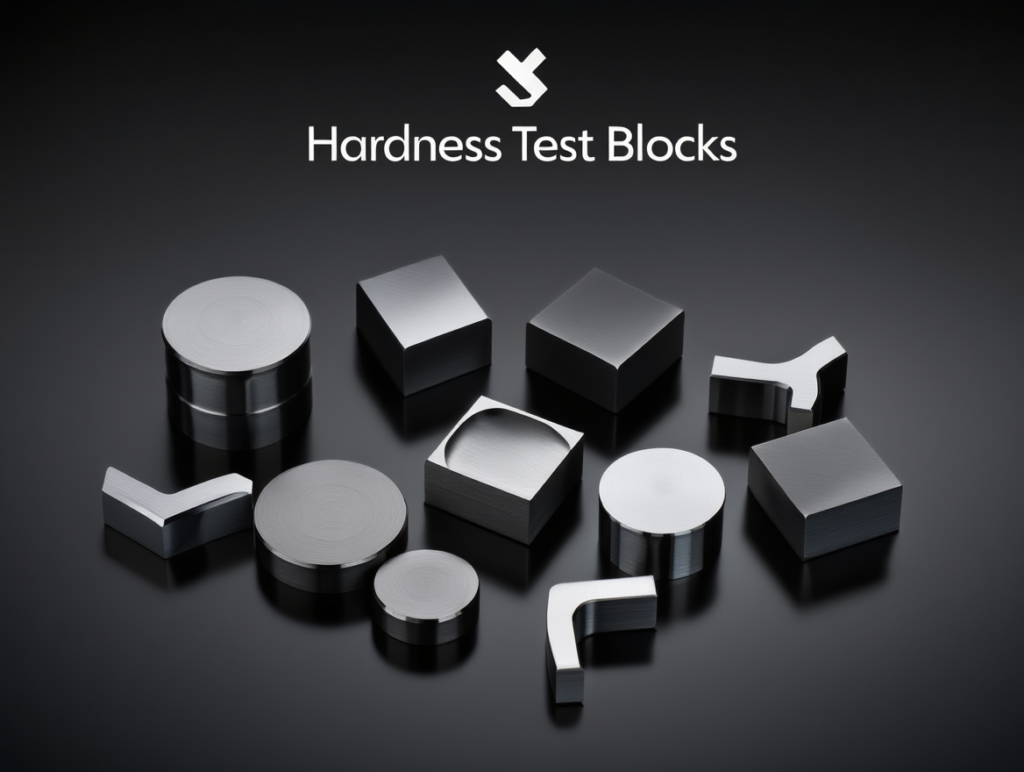A collection of high-precision hardness test blocks with calibration certificates, arranged on a metrology workbench.