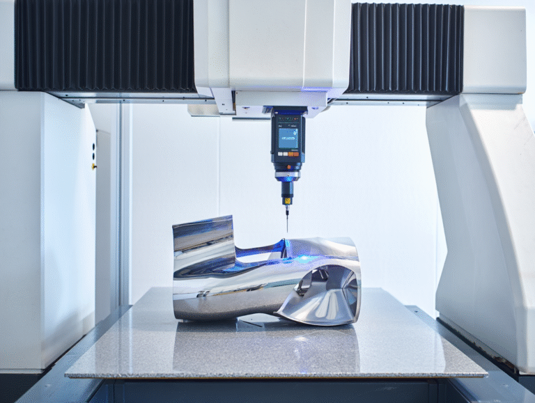 Close-up view of a Coordinate Measuring Machine (CMM) probe and scanning system measuring a precision engine component.